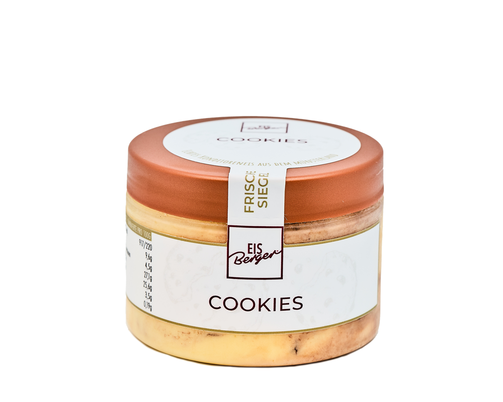 Ein Glas Hofmanns Shop Premium-Eis Cookies mit braunem Deckel, weißem Etikett und knusprigen Stückchen im Inneren.
