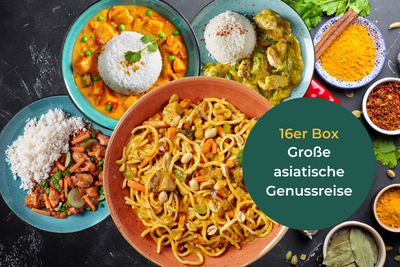 Gönnen Sie sich die „Große asiatische Genussreise“ von Hofmanns Shop mit Reis, Curry, Hühnchen und Nudeln inmitten von Gewürzen.