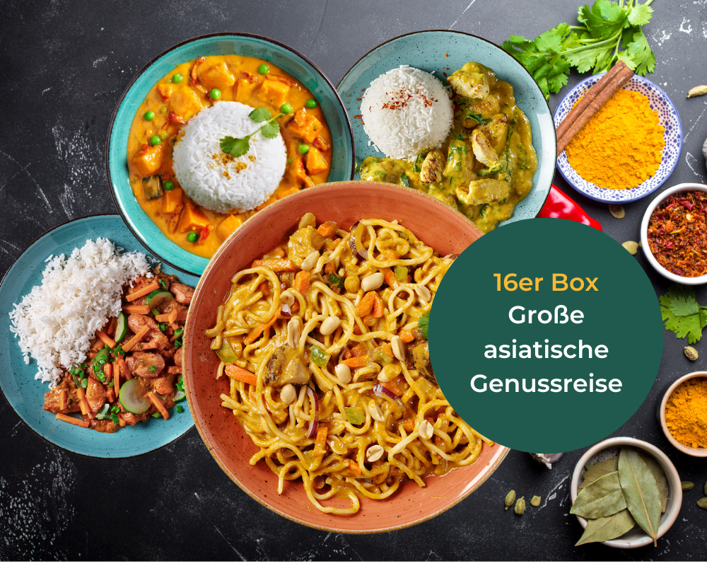 Gönnen Sie sich die „Große asiatische Genussreise“ von Hofmanns Shop mit Reis, Curry, Hühnchen und Nudeln inmitten von Gewürzen.