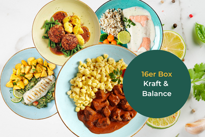 Vier Tellergerichte mit Fleisch, Gemüse und Getreide in der „Protein-Box + Fit & Free-Box“ von Hofmanns Shop.