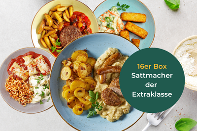 Gourmetgerichte, darunter Omas Fleischpflanzerl, tragen ein grünes Etikett: „16er Box Sattmacher der Extraklasse“.