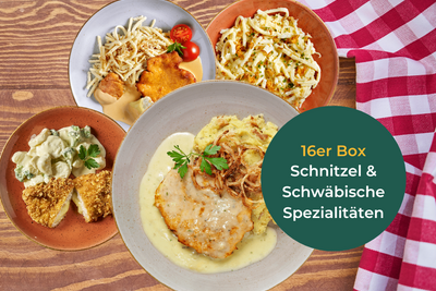Eine Hofmanns Shop Schnitzel-Box mit Schwäbischen Spezialitäten auf kariertem Stoffhintergrund.