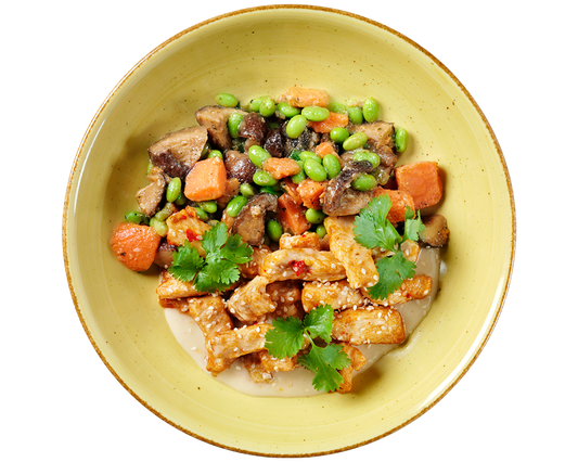 Eine Spicy Chicken Bowl von Hofmanns Shop auf einem gelben Teller mit Tofu, Champignons, Edamame und Massaman-Curry-Dip.