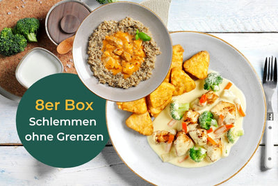 Zwei Teller Gourmet Hähnchenbrustfilet und Brokkoli mit „8er Box Schlemmen ohne Grenzen“ von Hofmanns Shop.